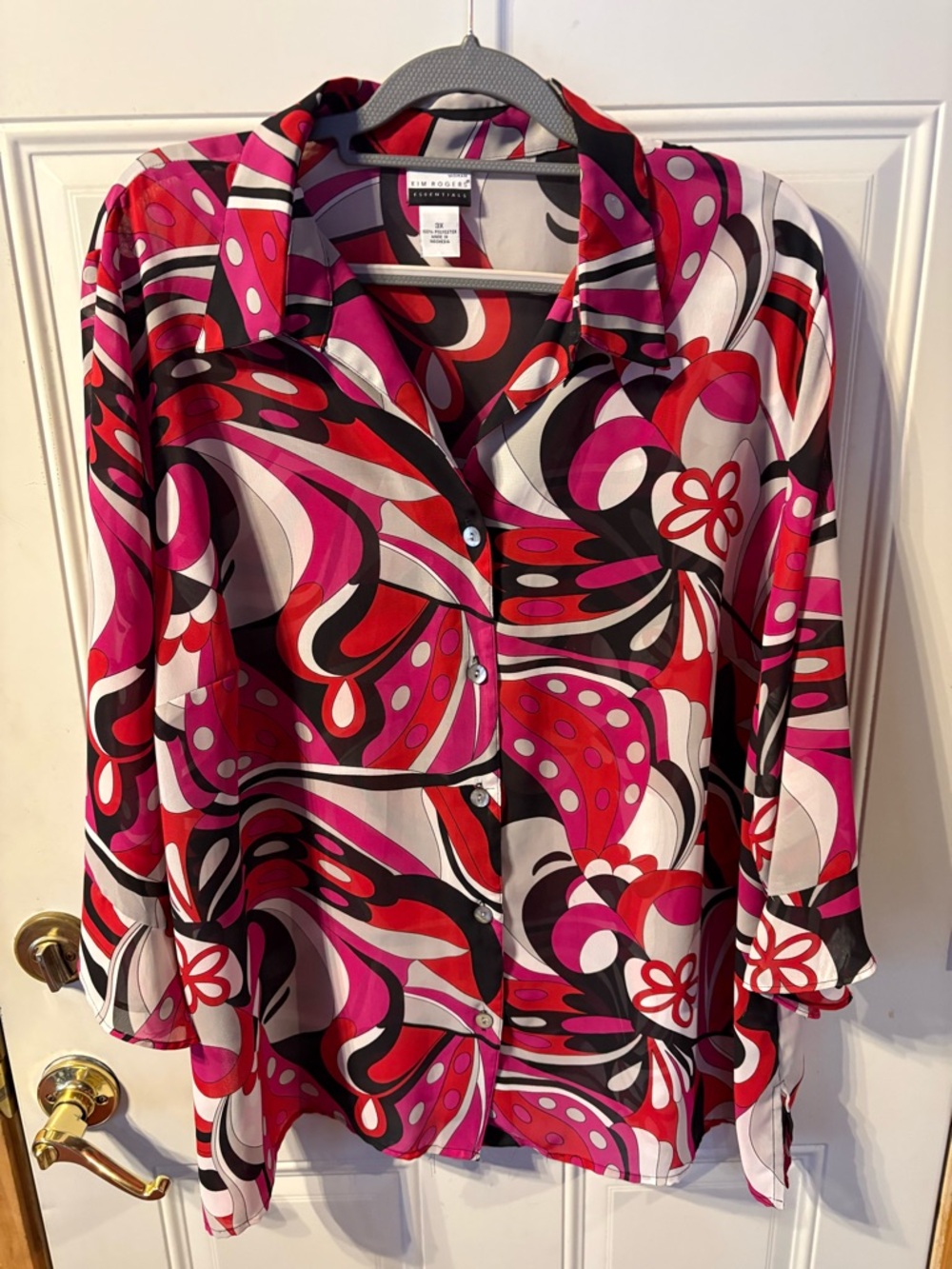 Kim Rogers Pink, Red & Black Abstract Print Button-Up Sheer Blouse 3X